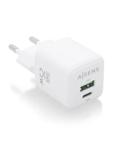 AISENS Cargador GaN 25W, 1xUSB-C PD3.0 QC4.0, 1xUSB-A QC3.0, Blanco