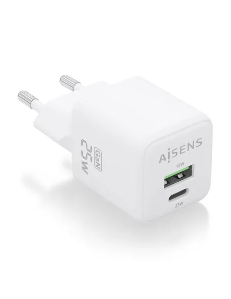 AISENS Cargador GaN 25W, 1xUSB-C PD3.0 QC4.0, 1xUSB-A QC3.0, Blanco