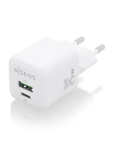 AISENS Cargador GaN 25W, 1xUSB-C PD3.0 QC4.0, 1xUSB-A QC3.0, Blanco