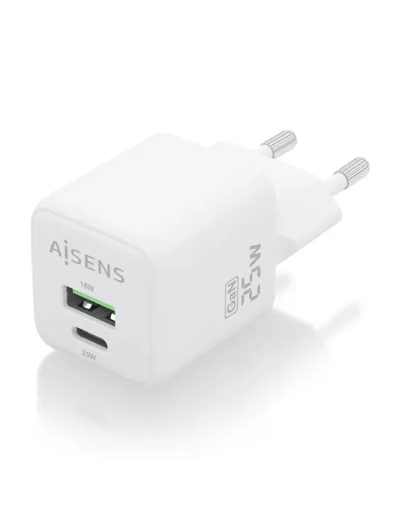 AISENS Cargador GaN 25W, 1xUSB-C PD3.0 QC4.0, 1xUSB-A QC3.0, Blanco