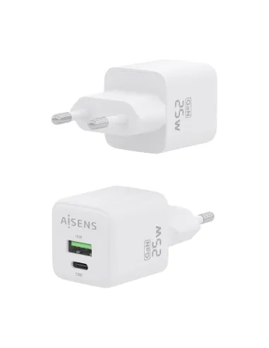 AISENS Cargador GaN 25W, 1xUSB-C PD3.0 QC4.0, 1xUSB-A QC3.0, Blanco