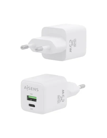 AISENS Cargador GaN 25W, 1xUSB-C PD3.0 QC4.0, 1xUSB-A QC3.0, Blanco