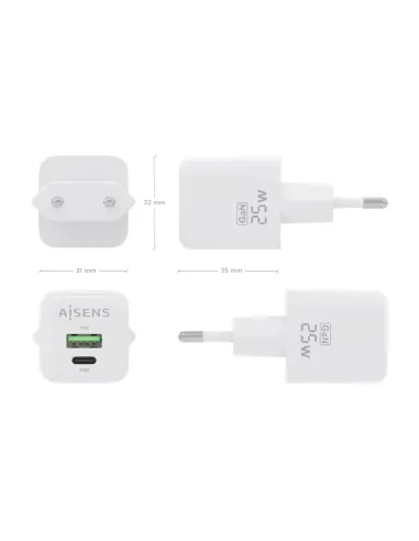 AISENS Cargador GaN 25W, 1xUSB-C PD3.0 QC4.0, 1xUSB-A QC3.0, Blanco