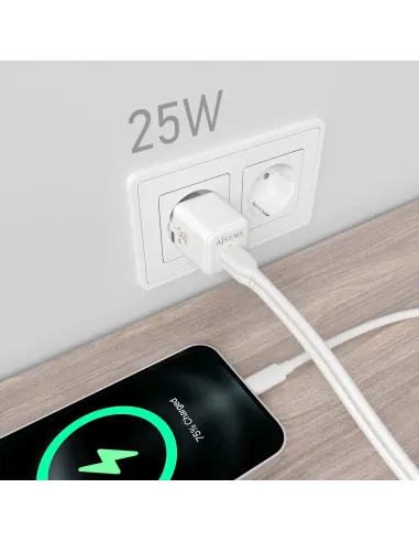 AISENS Cargador GaN 25W, 1xUSB-C PD3.0 QC4.0, 1xUSB-A QC3.0, Blanco