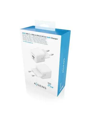 AISENS Cargador GaN 25W, 1xUSB-C PD3.0 QC4.0, 1xUSB-A QC3.0, Blanco