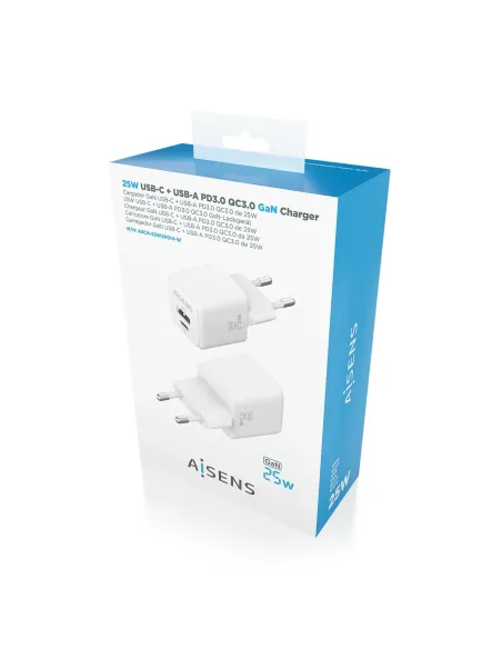 AISENS Cargador GaN 25W, 1xUSB-C PD3.0 QC4.0, 1xUSB-A QC3.0, Blanco