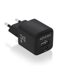 AISENS Cargador GaN 25W, 1xUSB-C PD3.0 QC4.0, 1xUSB-A QC3.0, Negro