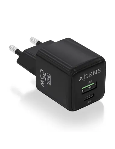 AISENS Cargador GaN 25W, 1xUSB-C PD3.0 QC4.0, 1xUSB-A QC3.0, Negro