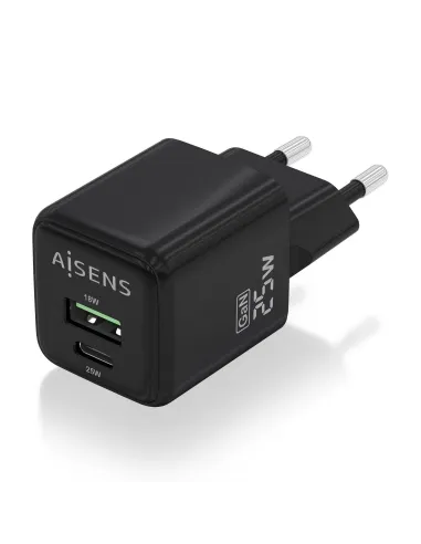 AISENS Cargador GaN 25W, 1xUSB-C PD3.0 QC4.0, 1xUSB-A QC3.0, Negro