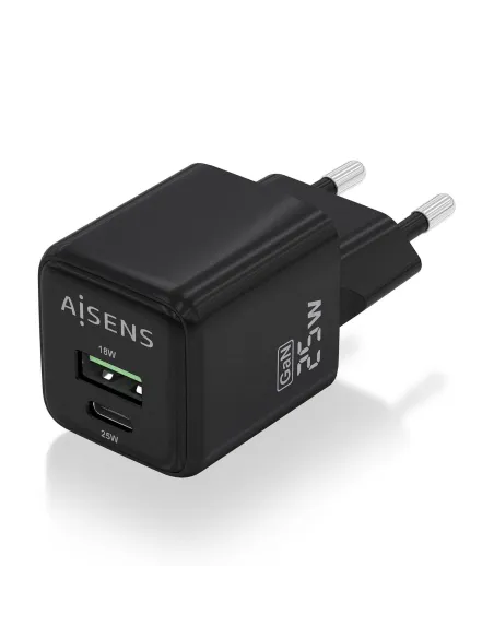 AISENS Cargador GaN 25W, 1xUSB-C PD3.0 QC4.0, 1xUSB-A QC3.0, Negro