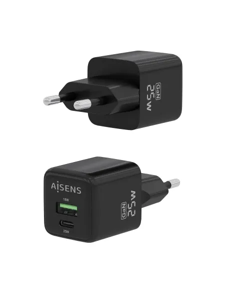 AISENS Cargador GaN 25W, 1xUSB-C PD3.0 QC4.0, 1xUSB-A QC3.0, Negro
