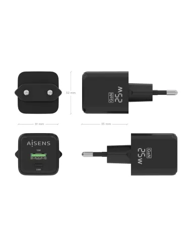 AISENS Cargador GaN 25W, 1xUSB-C PD3.0 QC4.0, 1xUSB-A QC3.0, Negro