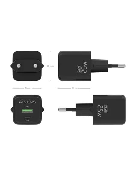 AISENS Cargador GaN 25W, 1xUSB-C PD3.0 QC4.0, 1xUSB-A QC3.0, Negro