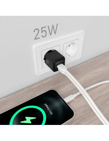 AISENS Cargador GaN 25W, 1xUSB-C PD3.0 QC4.0, 1xUSB-A QC3.0, Negro