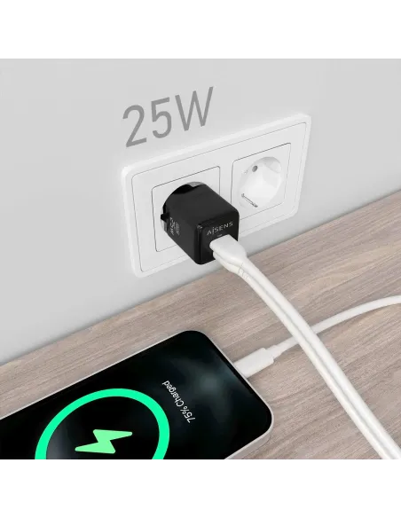 AISENS Cargador GaN 25W, 1xUSB-C PD3.0 QC4.0, 1xUSB-A QC3.0, Negro
