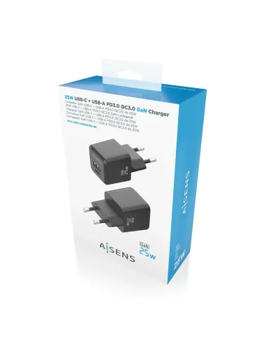 AISENS Cargador GaN 25W, 1xUSB-C PD3.0 QC4.0, 1xUSB-A QC3.0, Negro