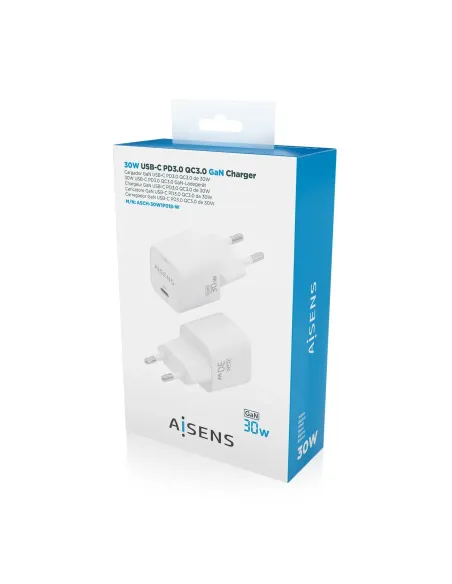 AISENS Cargador GaN 30W, 1xUSB-C PD3.0 QC4.0, Blanco