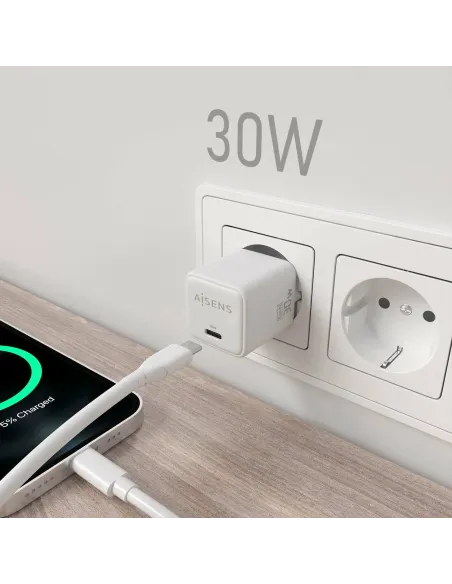AISENS Cargador Gan 30W, 1xUSB-C PD3.0 QD4.0, Blanco