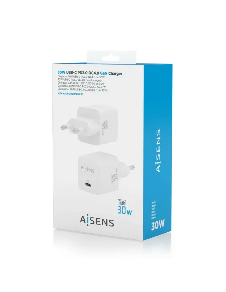 AISENS Cargador Gan 30W, 1xUSB-C PD3.0 QD4.0, Blanco