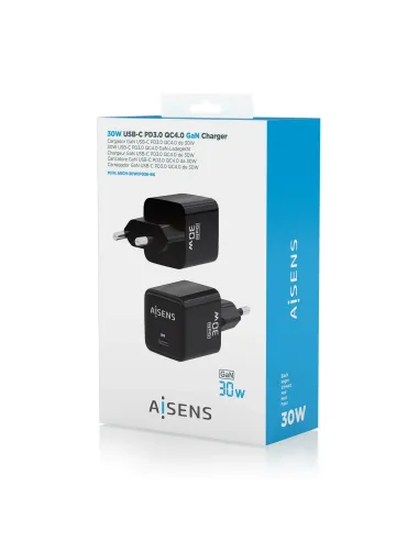 AISENS Cargador Gan 30W, 1xUSB-C PD3.0 QD4.0, Negro