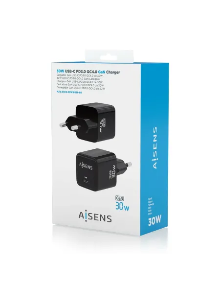 AISENS Cargador Gan 30W, 1xUSB-C PD3.0 QD4.0, Negro