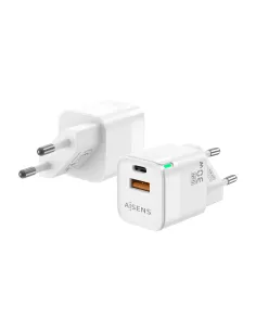 AISENS Cargador Gan 30W, 1xUSB-C PD3.0 QC4.0, 1xUSB-A QC3.0, Blanco