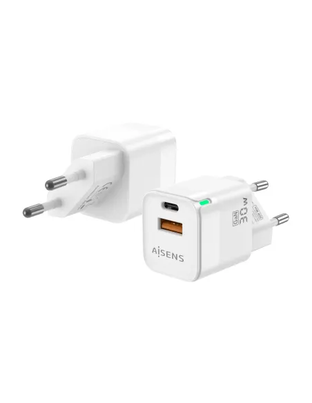 AISENS Cargador Gan 30W, 1xUSB-C PD3.0 QC4.0, 1xUSB-A QC3.0, Blanco