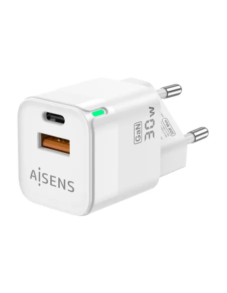 AISENS Cargador Gan 30W, 1xUSB-C PD3.0 QC4.0, 1xUSB-A QC3.0, Blanco