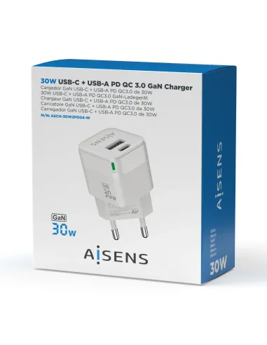 AISENS Cargador Gan 30W, 1xUSB-C PD3.0 QC4.0, 1xUSB-A QC3.0, Blanco
