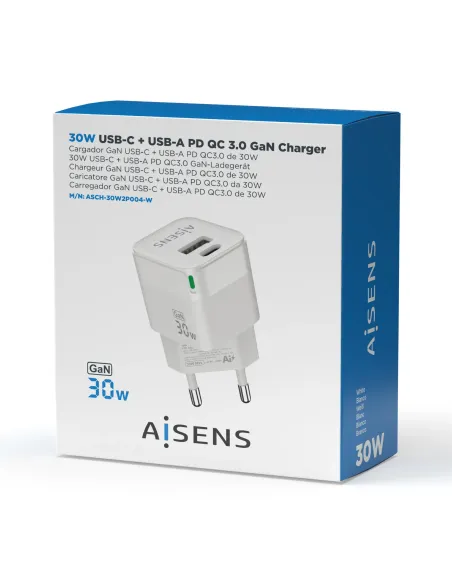 AISENS Cargador Gan 30W, 1xUSB-C PD3.0 QC4.0, 1xUSB-A QC3.0, Blanco