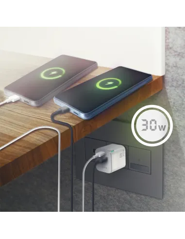 AISENS Cargador Gan 30W, 1xUSB-C PD3.0 QC4.0, 1xUSB-A QC3.0, Blanco