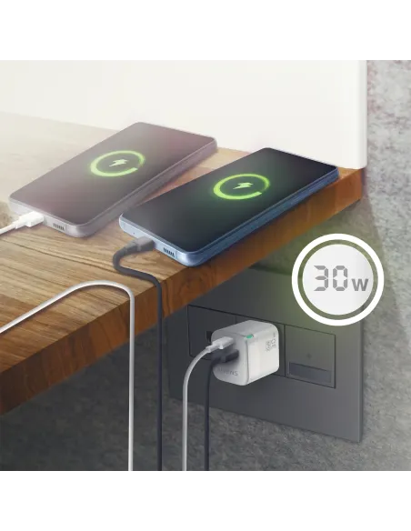 AISENS Cargador Gan 30W, 1xUSB-C PD3.0 QC4.0, 1xUSB-A QC3.0, Blanco