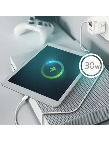 AISENS Cargador Gan 30W, 1xUSB-C PD3.0 QC4.0, 1xUSB-A QC3.0, Blanco