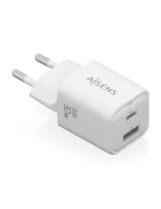 AISENS Cargador Gan 30W, 1xUSB-C PD3.0 QC4.0, 1xUSB-A QC3.0, Blanco