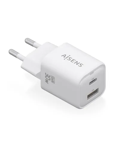 AISENS Cargador Gan 30W, 1xUSB-C PD3.0 QC4.0, 1xUSB-A QC3.0, Blanco