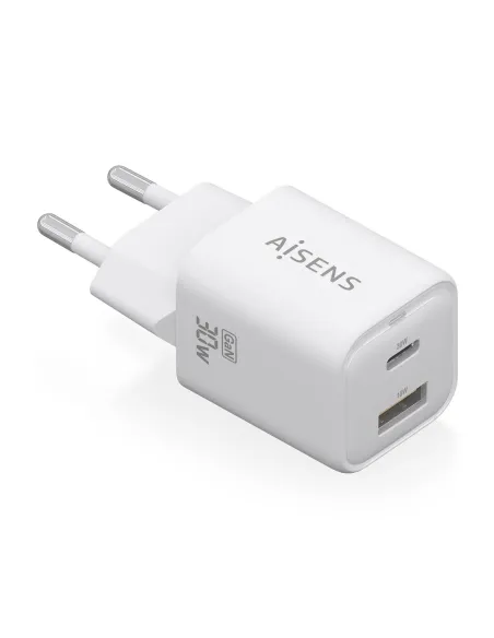 AISENS Cargador Gan 30W, 1xUSB-C PD3.0 QC4.0, 1xUSB-A QC3.0, Blanco