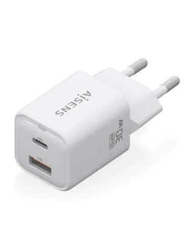 AISENS Cargador Gan 30W, 1xUSB-C PD3.0 QC4.0, 1xUSB-A QC3.0, Blanco