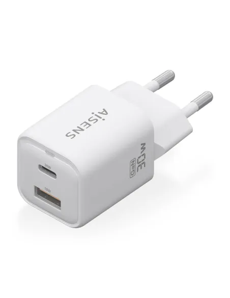 AISENS Cargador Gan 30W, 1xUSB-C PD3.0 QC4.0, 1xUSB-A QC3.0, Blanco