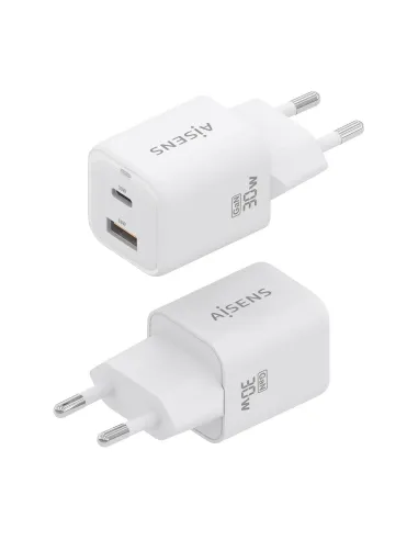AISENS Cargador Gan 30W, 1xUSB-C PD3.0 QC4.0, 1xUSB-A QC3.0, Blanco