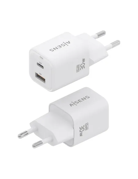 AISENS Cargador Gan 30W, 1xUSB-C PD3.0 QC4.0, 1xUSB-A QC3.0, Blanco