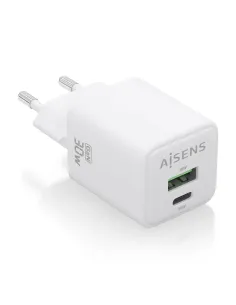 AISENS Cargador Gan 30W, 1xUSB-C PD3.0 QC4.0, 1xUSB-A QC3.0, Blanco