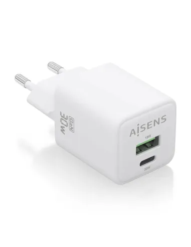 AISENS Cargador Gan 30W, 1xUSB-C PD3.0 QC4.0, 1xUSB-A QC3.0, Blanco