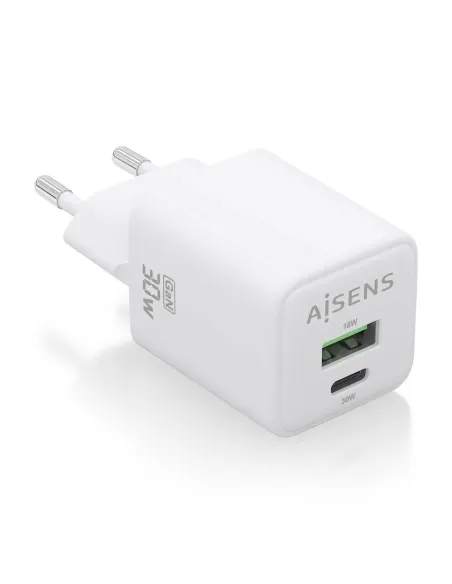 AISENS Cargador Gan 30W, 1xUSB-C PD3.0 QC4.0, 1xUSB-A QC3.0, Blanco