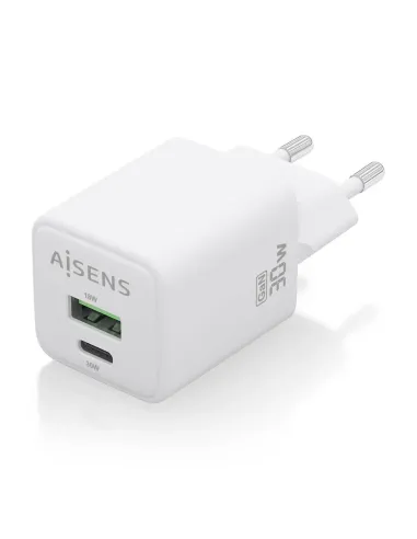 AISENS Cargador Gan 30W, 1xUSB-C PD3.0 QC4.0, 1xUSB-A QC3.0, Blanco