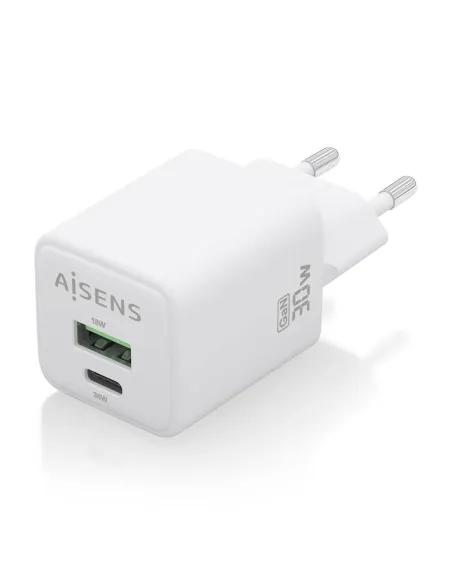 AISENS Cargador Gan 30W, 1xUSB-C PD3.0 QC4.0, 1xUSB-A QC3.0, Blanco