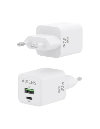 AISENS Cargador Gan 30W, 1xUSB-C PD3.0 QC4.0, 1xUSB-A QC3.0, Blanco