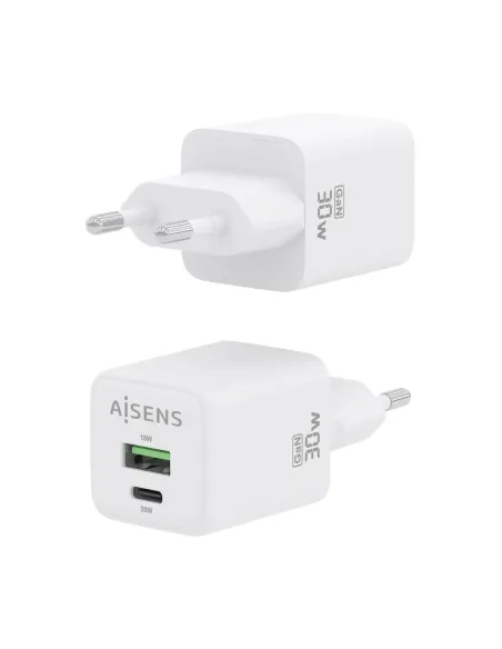 AISENS Cargador Gan 30W, 1xUSB-C PD3.0 QC4.0, 1xUSB-A QC3.0, Blanco