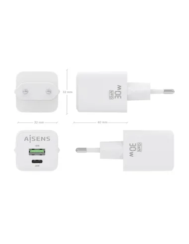 AISENS Cargador Gan 30W, 1xUSB-C PD3.0 QC4.0, 1xUSB-A QC3.0, Blanco