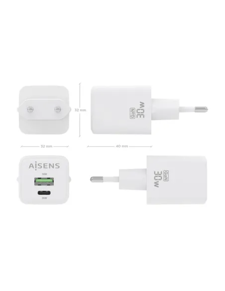 AISENS Cargador Gan 30W, 1xUSB-C PD3.0 QC4.0, 1xUSB-A QC3.0, Blanco