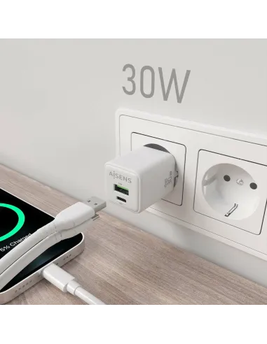 AISENS Cargador Gan 30W, 1xUSB-C PD3.0 QC4.0, 1xUSB-A QC3.0, Blanco